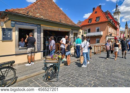 Würzburg, Germany - June 2022: Shop Selling Wine To Go To Tourist At Famous Old Main Bridge