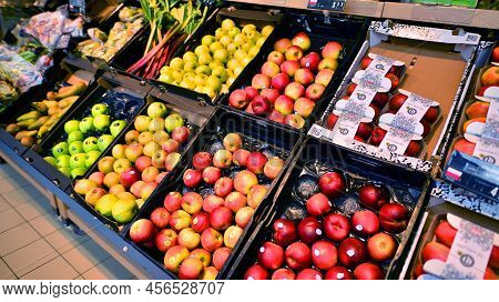 Warsaw, Poland. 15 June 2022. Supermarket Store Aisle With Products Filling Shelves. Carrefour Super