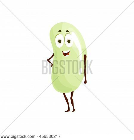 Cartoon Bean Character, Vector Legume Mascot, Funny Personage With Smiling Face Stand With Arm Akimb
