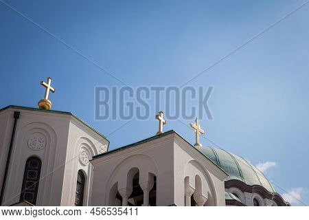 Selective Focus On Golden Christian Orthodox Crosses On The Saint Sava Cathedral Temple (hram Svetog