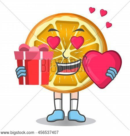 Cute Cartoon Orange In Love Flat Vector Illustration Isolated.