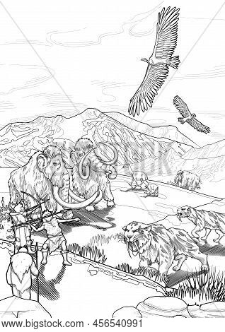 Graphic Scene Of Cavemen Hunting On Prehistoric Giant Animals