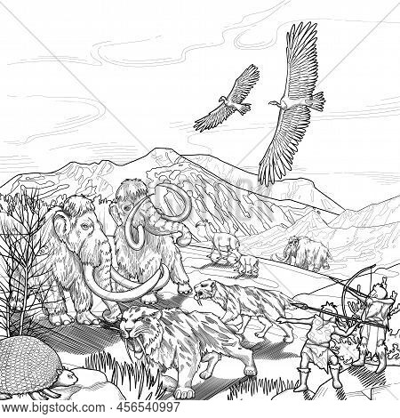 Graphic Scene Of Cavemen Hunting On Prehistoric Giant Animals