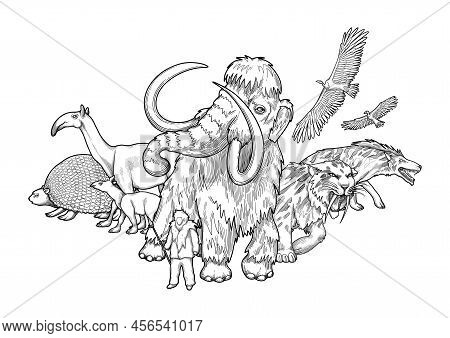 Composition Of Graphic Prehistoric Animals And Caveman