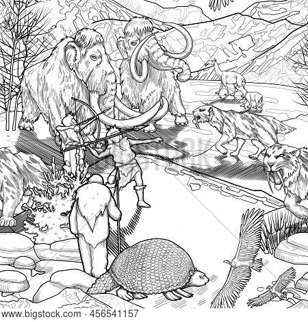 Graphic Scene Of Cavemen Hunting On Prehistoric Giant Animals