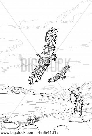 Graphic Scene Of A Primordial Archer Hunting On A Two Teratorns