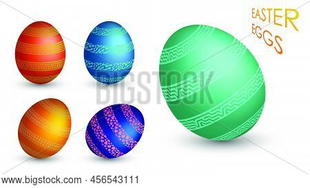 Festive Set Of Easter Eggs. Realistic Pearl Shiny Eggs Decorated With Ornates. 3d Vector Isolated On