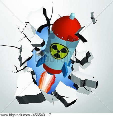 Flying Combat Atomic Rocket Punched Through The Wall And Breaks Into Shards, Cracks On Wall. Attacki