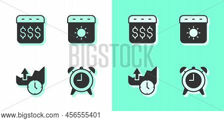 Set Alarm Clock, Payday, Calendar With Dollar, Stocks Market Growth Graphs And Calendar Summer Icon.