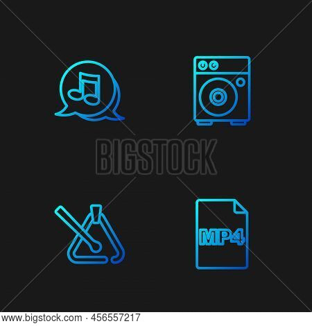 Set Line Mp4 File Document, Triangle Musical Instrument, Music Note, Tone And Guitar Amplifier. Grad