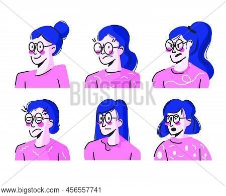 Woman Emotion Angry, Discontent, Frightened, Irksome, Smile And Strain Wearing Glasses Long Hair Fla