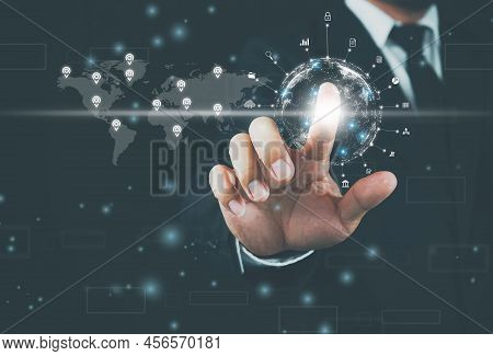 Digital Marketing. Businessman Touching World Map With Icon Network Connection And Digital Marketing