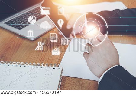 Digital Marketing. Businessman Hand Working With Mobile Phone And Modern Compute With Icon Network C