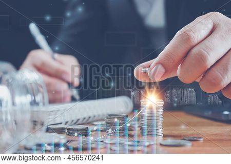 Businessman Coins Stacking On Desk With Note For Planning Money Finance.saving Money, Saving Money C
