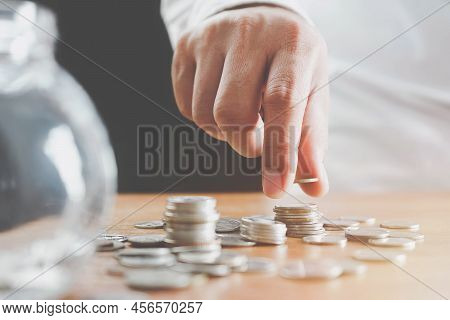 Businessman Coins Stacking On Desk With Note For Planning Money Finance.saving Money, Saving Money C