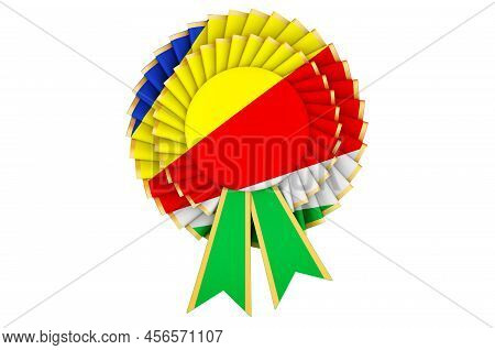 Seychelloise Flag Painted On The Award Ribbon Rosette. 3d Rendering Isolated On White Background