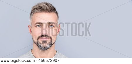 Mature Handsome Man Portrait With Grizzled Beard Hair, Male Beauty. Man Face Portrait, Banner With C