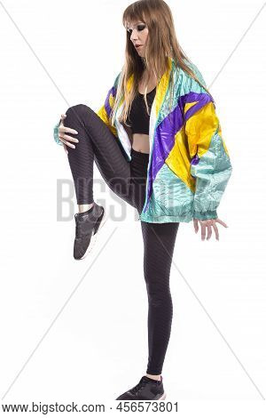 Full Length Portrait Of Winsome Caucasian Female Athlete Sportwoman In Fitness Skinny Outfit Wearing