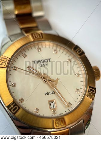 Poznan, Poland - 06.12.2022: Tissot Watch With Sapphire Crystal And Metal Bracelet Close-up. Macro V