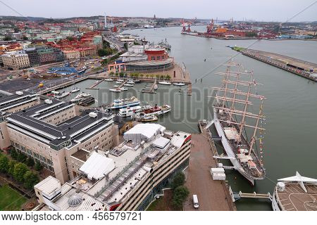 Gothenburg City In Sweden. Rainy Aerial View With Gota Alv River, Harbor And Opera House.