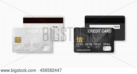 Vector 3d Realistic White And Black Blank Credit Card Isolated. Design Template Of Plastic Credit Or