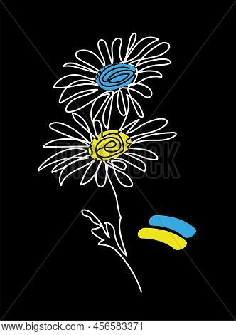 Daisies Flowers Vector Illustration On Black Background.ukrainian Blue And Yellow Colors. One Contin
