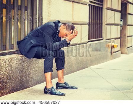 African American Businessman In New York. Dressing In Black Suit, Tie, Leather Shoes, Young Black Gu