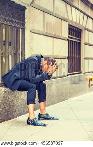 African American Businessman In New York. Dressing In Black Suit, Tie, Leather Shoes, Young Black Gu