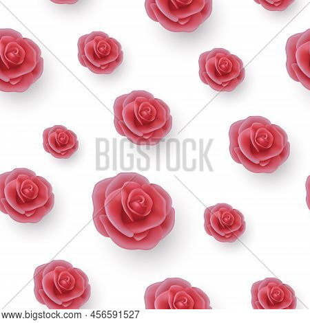 Vector Flower Seamless Pattern, Pink Realistic 3d Roses On White. Floral Seamless Background. Weddin