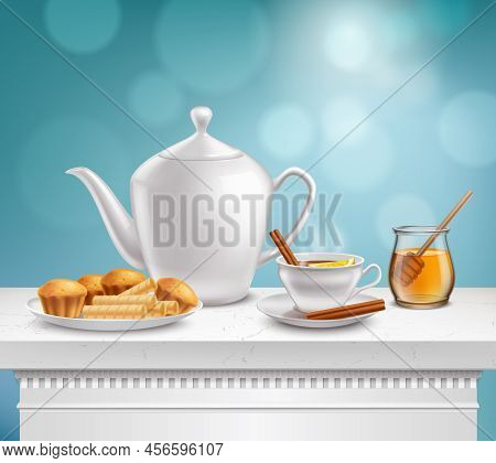 White Porcelain Teapot Full Hot Teacup Glass Honey Jar And Plate Muffins Waffels Realistic Compositi