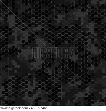 Seamless Texture Dark Gray Hex Grid With Pixels. Vector Illustration.