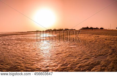 Low Tide On Aveiro Lagoon At Sunset, View From Bico's Beach In Murtosa, Aveiro, Portugal.