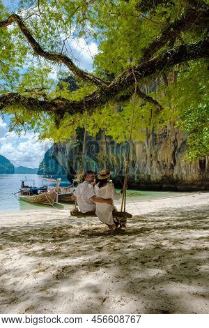 Koh Lao Lading Near Koh Hong Krabi Thailand, Beautiful Beach With Longtail Boats, A Couple Of Europe