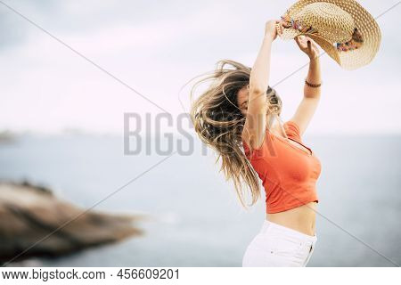 Happiness And Joyful People Concept With Beautiful Caucasian Woman Jump And Have Fun - Summer Holida