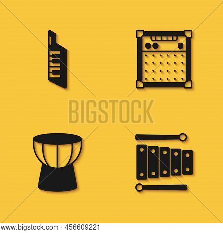 Set Keytar, Xylophone, African Darbuka Drum And Guitar Amplifier Icon With Long Shadow. Vector