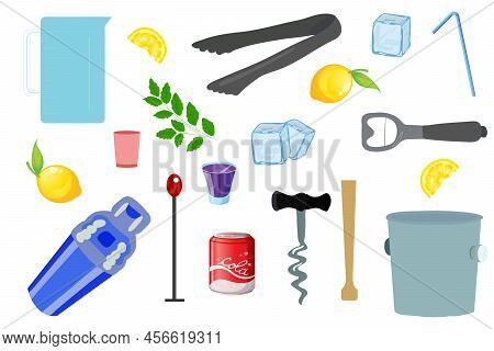 Bartending Equipment Set. Cocktail Bar Tools. Vector Cartoon Illustration. Bartender Equipment And I