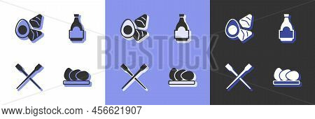 Set Chicken Egg, With Vegerables, Food Chopsticks And Soy Sauce Bottle Icon. Vector
