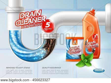 Drain Cleaner Poster Ad With Conceptual Image Of Flush Tough Stains Being Washed Away And Product Pa