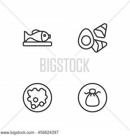 Set Line Wonton, Rice In A Bowl, Served Fish Plate And Chicken Egg With Vegerables Icon. Vector
