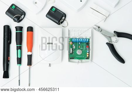 Close-up Of Home Security Equipment, On White Background.