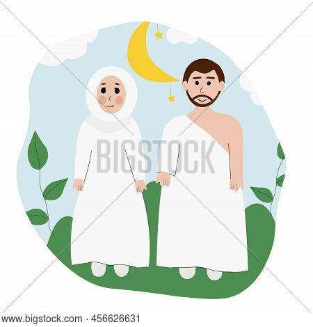 Muslim Couple In Umrah Trip Illustration. Hajj And Umra Family
Trip. Husband And Wife In Makkah Hajj