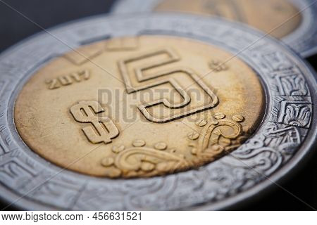 Coin Of 5 Mexican Pesos Closeup. Peso Of Mexico. News About Economy Or Currency. Loan And Credit. Mo