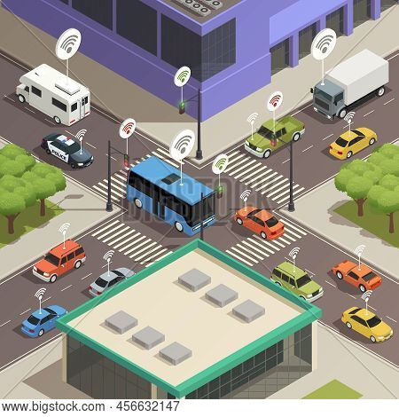 Smart City Traffic Lights Assistance Technology Connecting  Cars In Busy Streets Intersections Isome