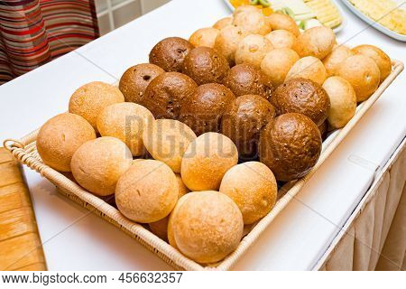 Bread Basket. Round Buns Assortment On Buffet Table. Wheat Bread, Rye Bread. Freshly Baked Bread.