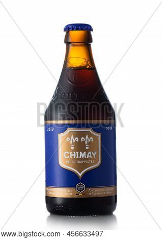 London,uk - May 29, 2022: Bottle Of Chimay Dark Stout Beer On White. Product Of Belgium