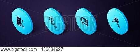 Set Isometric Shutdown Of Factory, Safe, Dollar Rate Decrease And Mobile Stock Trading Icon. Vector
