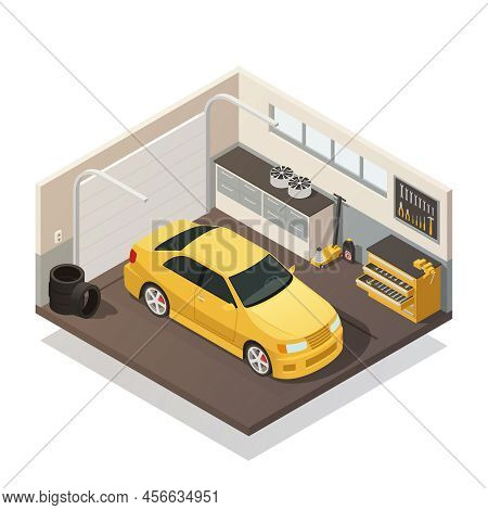 Yellow Car In Autoservice Garage Facility Ready For Test And Tires Fixing Isometric Interior View Ve