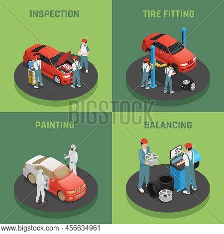 Vehicles Repair And Maintenance Autoservice Concept 4 Isometric Background Icons Square With Car Ins