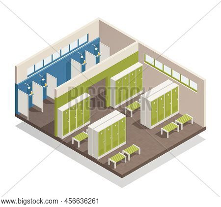 Swimming Pool House Changing Locker Room With Shower Enclosures Benches And Storage Closets Interior