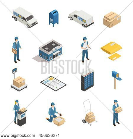 Postal Mail Shipping Service Isometric Icons Set With Post Office Parcels Mailman And Postoffice Box